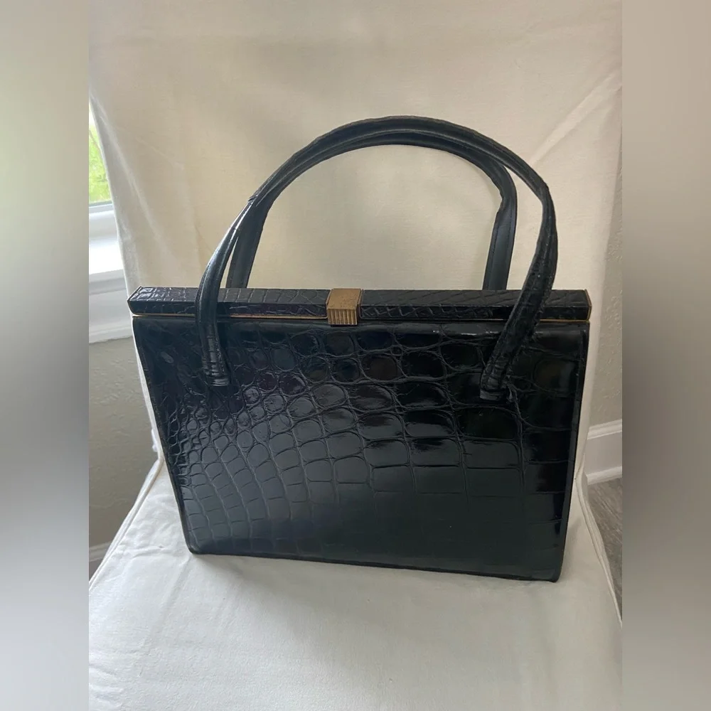 Vintage Deauville Black Crocodile Skin Leather Handbag With Two Handles - Picture 2 of 16